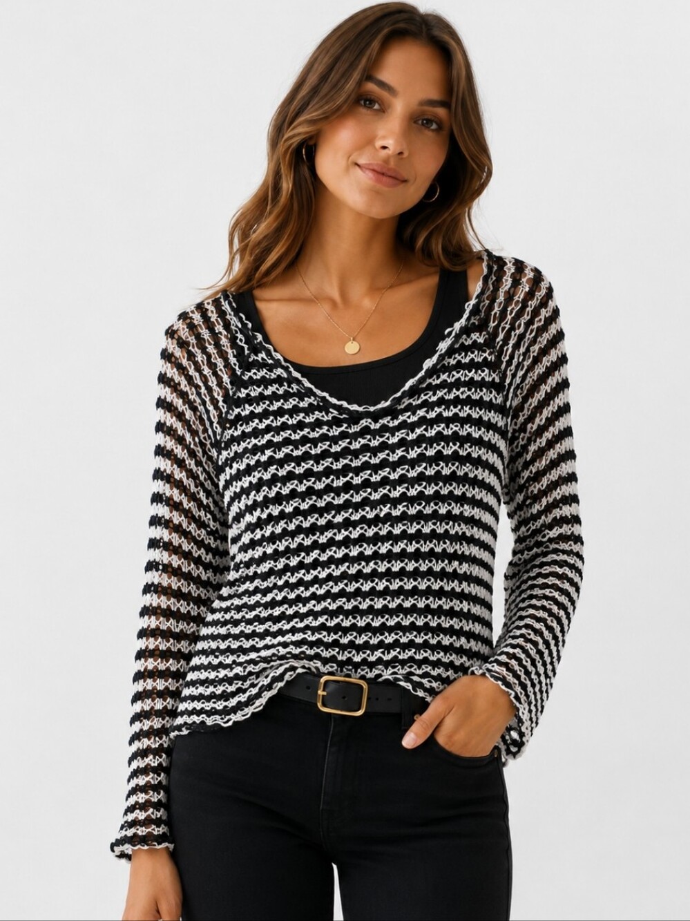 Onque Black-and-white Open-knit Crochet Sweater Sz Lg